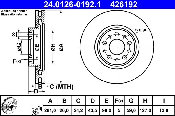 ATE Brake disc Vented 24.0126-0192.1 Brake rotor,Brake discs FIAT,TIPO Schrägheck (356_),TIPO Kombi (356_),TIPO Stufenheck (356_)