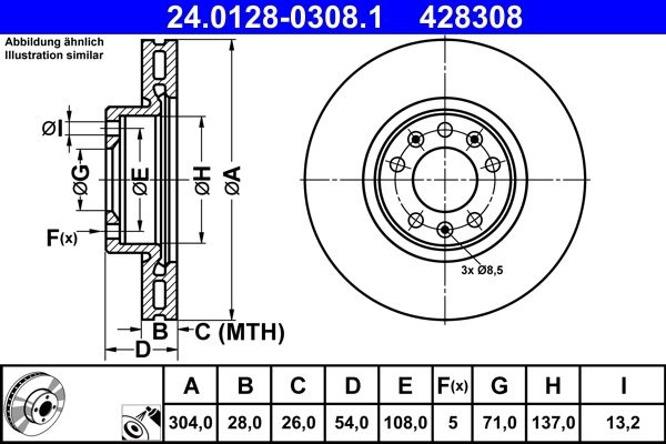 ATE Brake disc OPEL,FIAT,PEUGEOT 24.0128-0308.1 9805260180,9805260180,9805260180 Brake rotor,Brake discs,Brake rotors 9805260180,SU001A3869,9805260180
