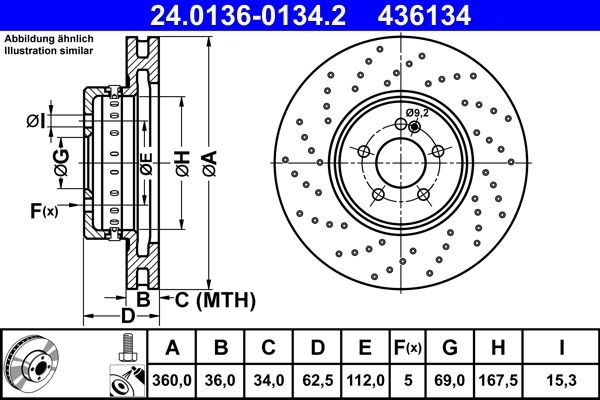 ATE Brake disc perforated/vented 24.0136-0134.2 Brake rotor,Brake discs MERCEDES-BENZ,BMW,C-Klasse T-modell (S205),C-Klasse Limousine (W205)