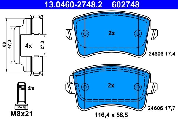 ATE Brake pad set excl. wear warning contact 13.0460-2748.2 Brake pads,Brake pad set, disc brake VW,AUDI,Golf V Schrägheck (1K1),A4 Avant (8K5, B8)
