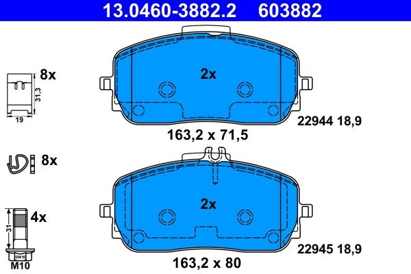 ATE Brake pad set MERCEDES-BENZ 13.0460-3882.2 0004201203,0004202205,0004203005 0004203605,0004203905,0004204802,0004204902,0004205403,0004206603