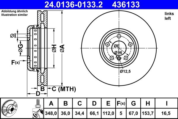 ATE Brake disc Vented 24.0136-0133.2 Brake rotor,Brake discs BMW,TOYOTA,5 Touring (G31),5 Limousine (G30, F90),3 Touring (G21),X3 (G01, F97)
