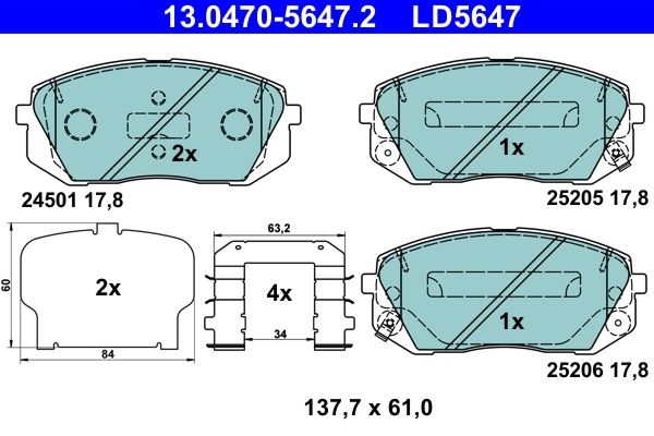 ATE Brake pad set HYUNDAI,KIA 13.0470-5647.2 581012SA51,581012SA75,581013ZA10 581013ZA16,581013ZA70,581013ZA76,581014WA10,58101B2A80,58101B2A90