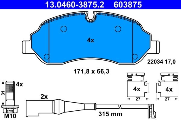 ATE Brake pad set incl. wear warning contact 13.0460-3875.2 Brake pads,Brake pad set, disc brake FORD,Transit Mk7 Kastenwagen (V363, FCD, FDD)