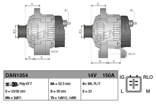 DENSO Generator Alternator Charging Current: 150A DAN1354 Alternator LEXUS,IS II (GSE2_, ALE2_, USE2_),GS (GRS19_, UZS19_, GWS19_),IS C (GSE2_)