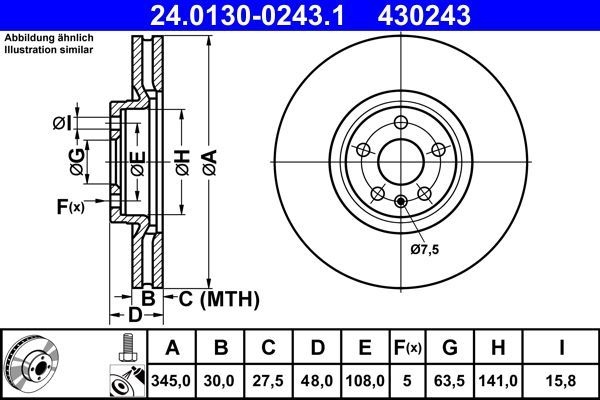 ATE Brake disc Vented 24.0130-0243.1 Brake rotor,Brake discs VOLVO,XC60 II (246),XC90 II (256),XC40 (536),V90 II Kombi (235, 236),V60 II (225, 227)