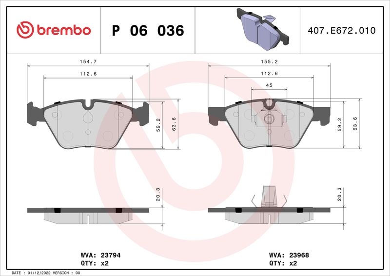 BREMBO Brake pad set BMW P 06 036 34112288875,34112288876,34112288878 34112288879,34112288880,34116769099,34116769100,34116771868,34116779099,7592D725