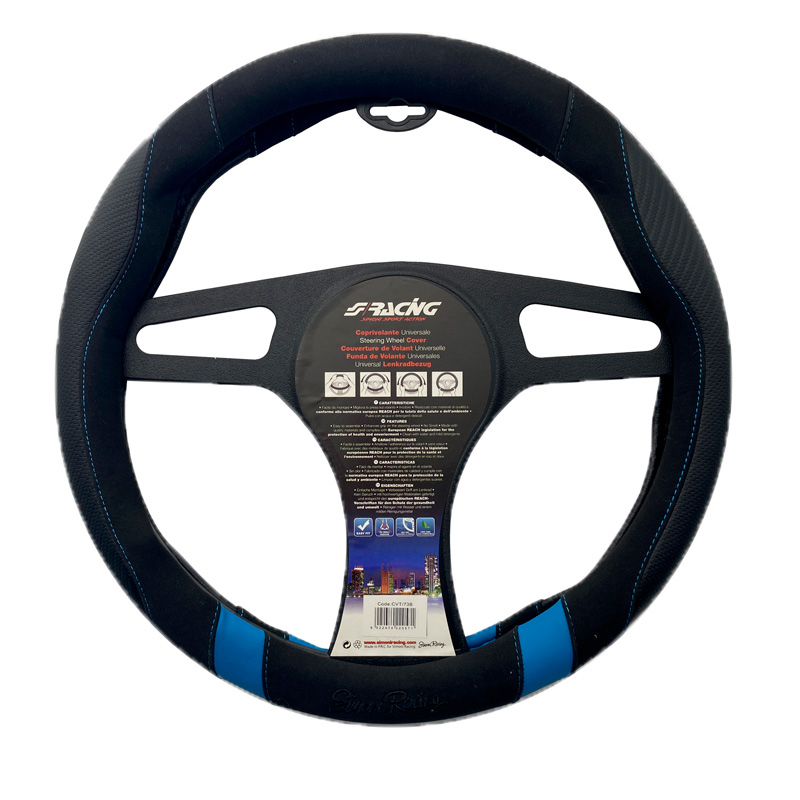 Simoni Racing Steering wheel cover Good Vibe B - 37-39cm - Black Eco-Leather, Microfiber, Carbon look, Blue