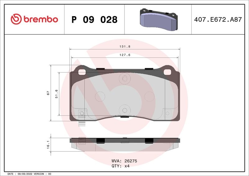BREMBO Brake pad set PRIME LINE with acoustic wear warning P 09 028 Brake pads,Brake pad set, disc brake TESLA,Model 3 (5YJ3),Model Y (5YJY)