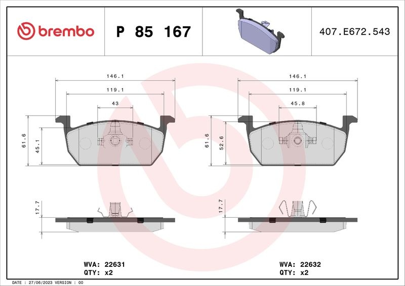BREMBO Brake pad set PRIME LINE excl. wear warning contact P 85 167 Brake pads,Brake pad set, disc brake VW,AUDI,SKODA,POLO (AW1, BZ1),T-Cross (C11_)