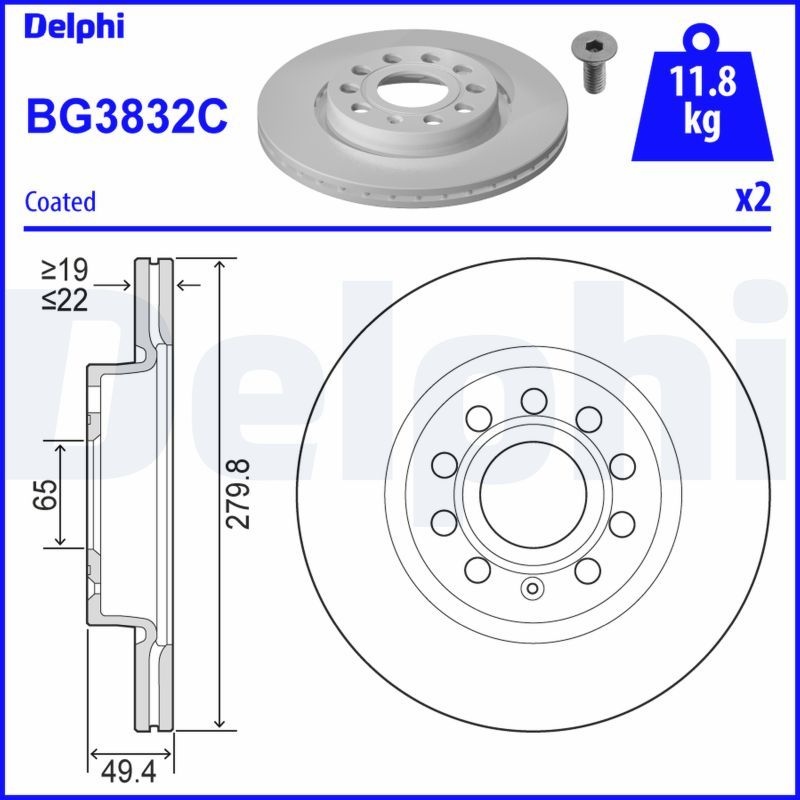 DELPHI Brake disc VW,AUDI,SKODA BG3832C 1K0615301AC,1K0615301AK,1K0615301AQ Brake rotor,Brake discs,Brake rotors 1K0615301AS,1K0615301S,JZW615301A