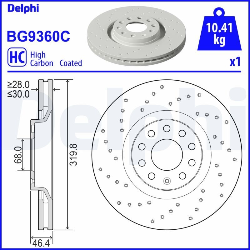 DELPHI Brake disc Perforated BG9360C Brake rotor,Brake discs AUDI,SEAT,A4 Avant (8K5, B8),A4 Avant (8ED, B7),A6 Avant (4B5, C5),A6 Limousine (4F2, C6)