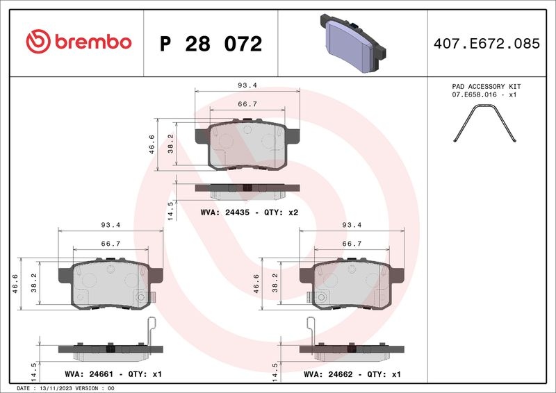 Brake Pad set, Disc Brake P 28 072X Brembo