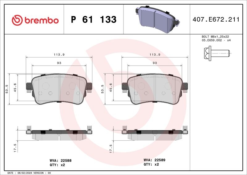 BREMBO Brake pad set OPEL,FIAT,PEUGEOT P 61 133 1617936880,1673603880,1675991880 155253709,155253721,155253722,1673603880,1617936880,1675991880