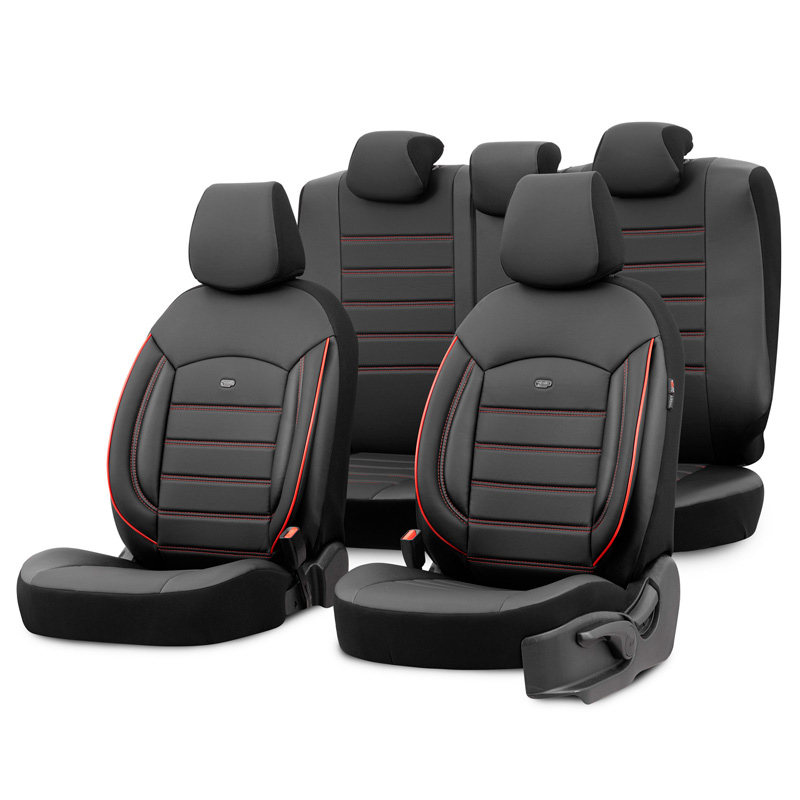 Universal Full Leather Seat Cover Set 'Inspire' Black + Red edge - -piece