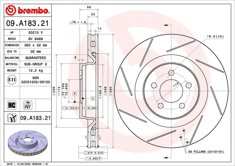 Brake Disc 09.A183. Brembo