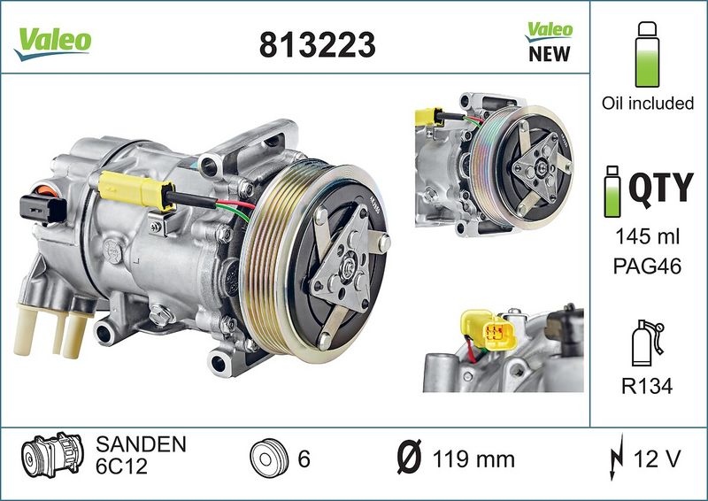 VALEO AC Compressor NEW ORIGINAL PART 813223 Compressor, air conditioning PEUGEOT,CITROËN,DS,207 (WA_, WC_),207 CC (WD_),208 I Schrägheck (CA_, CC_)