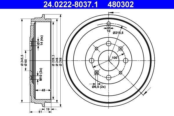 ATE Brake Drum OPEL,FIAT,VAUXHALL 24.0222-8037.1 51901443,51901444,55701380 Rear Brakes,Drum Brake 55703043,55704058,13423796,55701380,55704058,568000