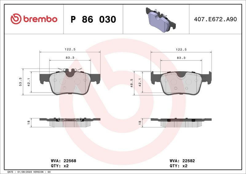 BREMBO Brake pad set PRIME LINE prepared for wear indicator P 86 030 Brake pads,Brake pad set, disc brake VOLVO,XC60 II (246),V90 II Kombi (235, 236)