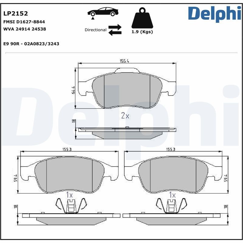 DELPHI Brake pad set not prepared for wear indicator LP2152 Brake pads,Brake pad set, disc brake RENAULT,FIAT,NISSAN,MEGANE III Grandtour (KZ0/1)