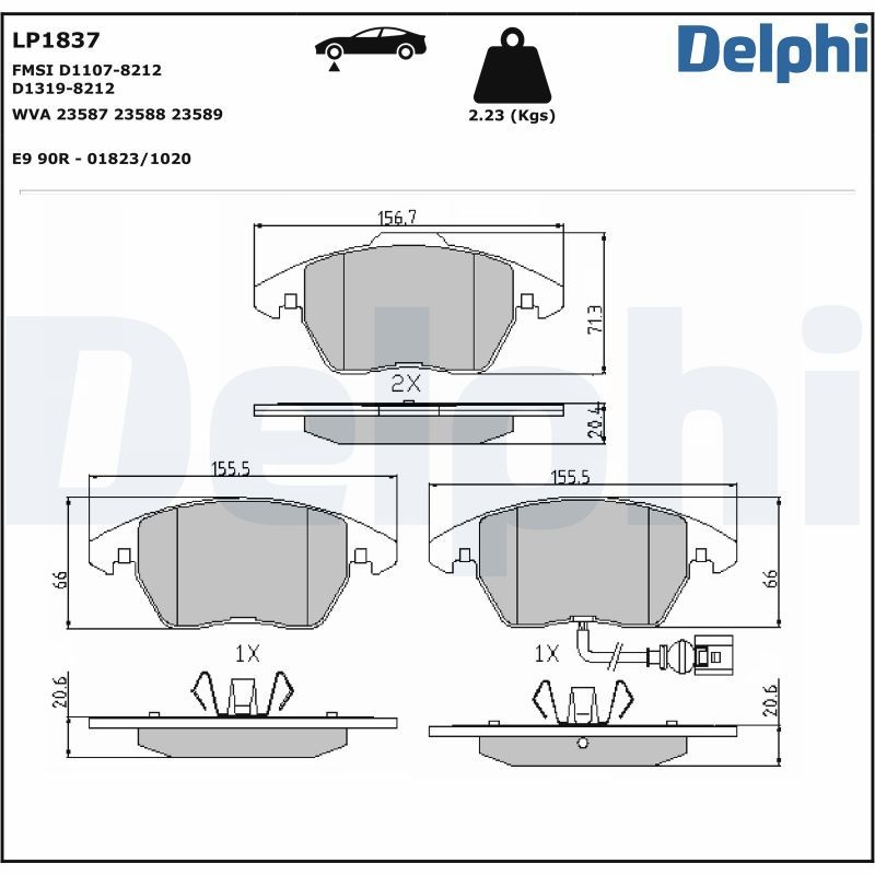 DELPHI Brake pad set VW,AUDI,SKODA LP1837 1K0698151,1K0698151C,1K0698151E 3C0698151,3C0698151A,3C0698151B,3C0698151C,3C0698151D,3C0698151J,3C0698151K