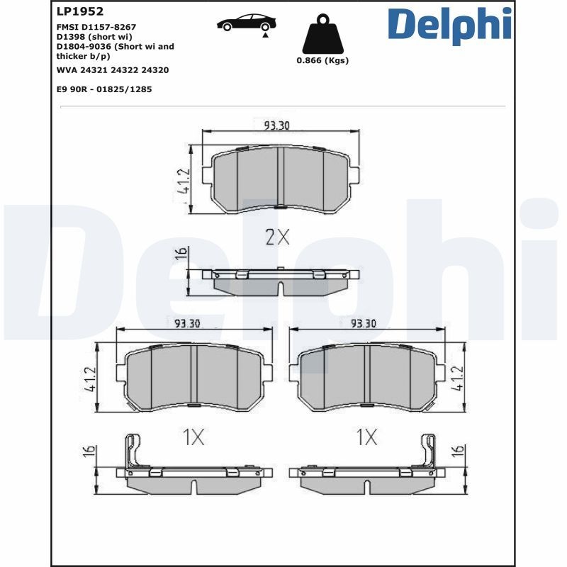 DELPHI Brake pad set HYUNDAI,KIA LP1952 583021GA00,583021HA00,583021HA10 583021JA30,583021KA30,583022SA10,583022SA30,583022SA70,583022YA30,583022YA31