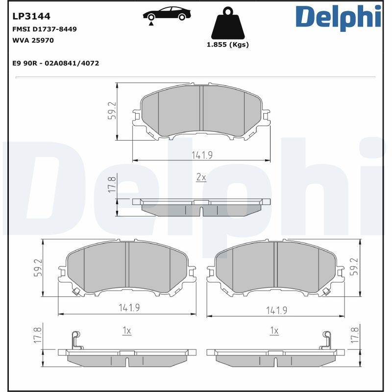 DELPHI Brake pad set RENAULT,NISSAN LP3144 D10604BA0A,D10604CA0A,D10604EA0A D10604EA0ARV,D10604EA0AVA,D1M604BA0A,D10604BA0A,D1M604BA0A,410601596R
