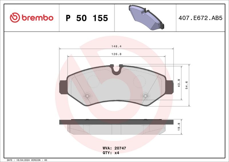 BREMBO Brake pad set MERCEDES-BENZ P 50 155 9074208101,9074208600,9104203600 9104203700,9104207300,9104231401,9104235600,A9074208101,A9074208600