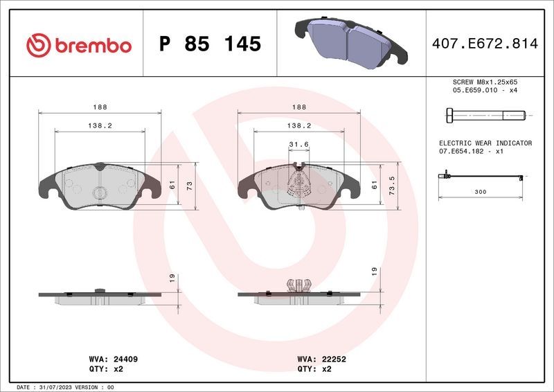 BREMBO Brake pad set AUDI P 85 145 4G0698151,4G0698151AA,4G0698151AH 4G0698151C,4G0698151D,4G0698151L,8K0698151C,8K0698151L,8K0698151Q,8R0698151A