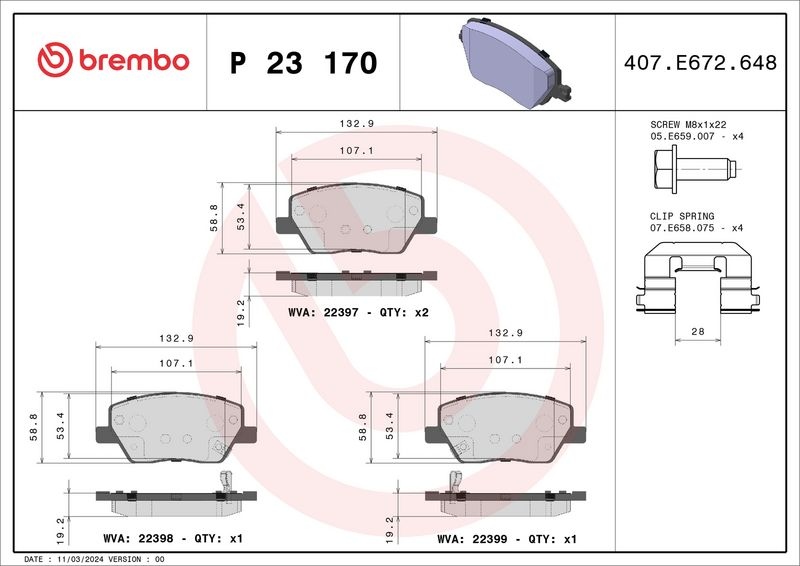 BREMBO Brake pad set PRIME LINE with acoustic wear warning P 23 170 Brake pads,Brake pad set, disc brake FIAT,DODGE,TIPO Schrägheck (356_)