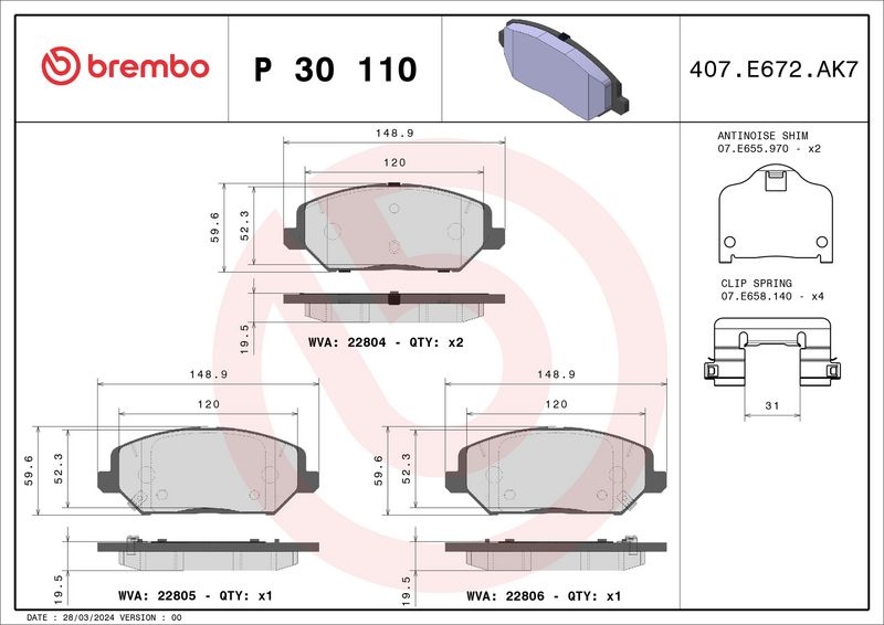 BREMBO Brake pad set PRIME LINE with acoustic wear warning P 30 110 Brake pads,Brake pad set, disc brake HYUNDAI,KIA,i30 Schrägheck (PDE, PD, PDEN)