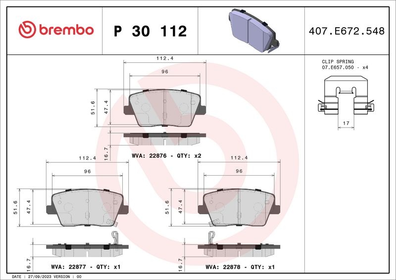 BREMBO Brake pad set PRIME LINE with acoustic wear warning P 30 112 Brake pads,Brake pad set, disc brake HYUNDAI,Kona (OS)