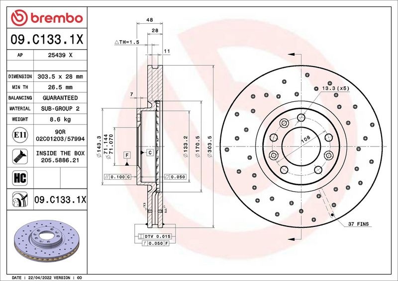 BREMBO Brake disc OPEL,PEUGEOT,TOYOTA 09.C133.1X 1642760480,424993,4249K1 Brake rotor,Brake discs,Brake rotors 4249A3,9686324780,1642760480,1687772080