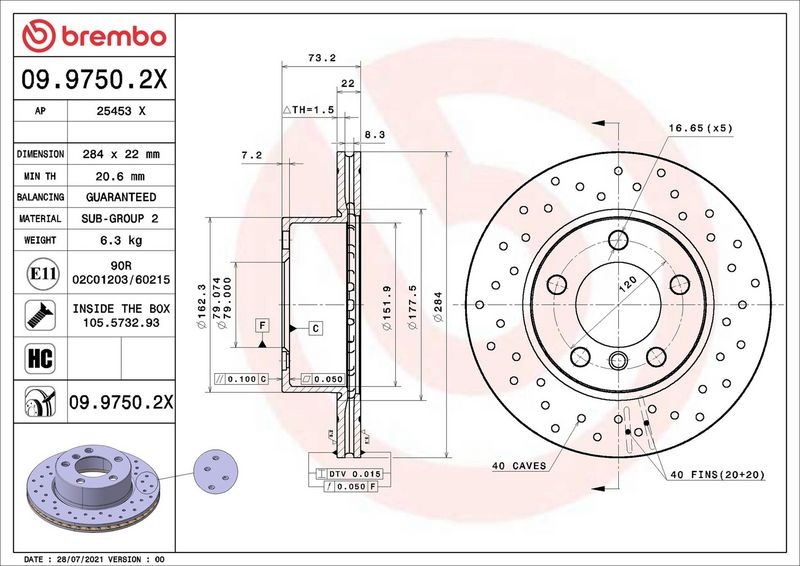 BREMBO Brake disc XTRA LINE - Xtra perforated/vented 09.9750.2X Brake rotor,Brake discs BMW,1 Schrägheck (F20),1 Schrägheck (F21),2 Coupe (F22, F87)