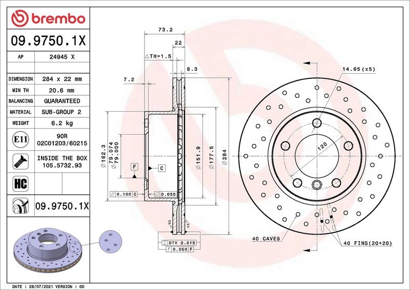 BREMBO Brake disc XTRA LINE - Xtra perforated/vented 09.9750.1X Brake rotor,Brake discs BMW,1 Schrägheck (E87),1 Schrägheck (E81)
