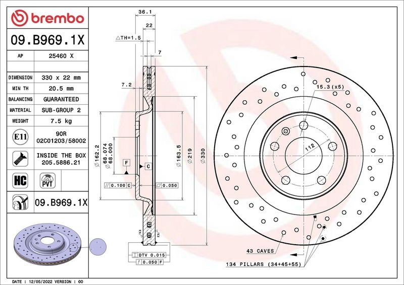 BREMBO Brake disc VW,AUDI,PORSCHE 09.B969.1X 4H0615601D,4H0615601H,4H0615601K Brake rotor,Brake discs,Brake rotors 4H0615601Q,80A615601A,80A615601C