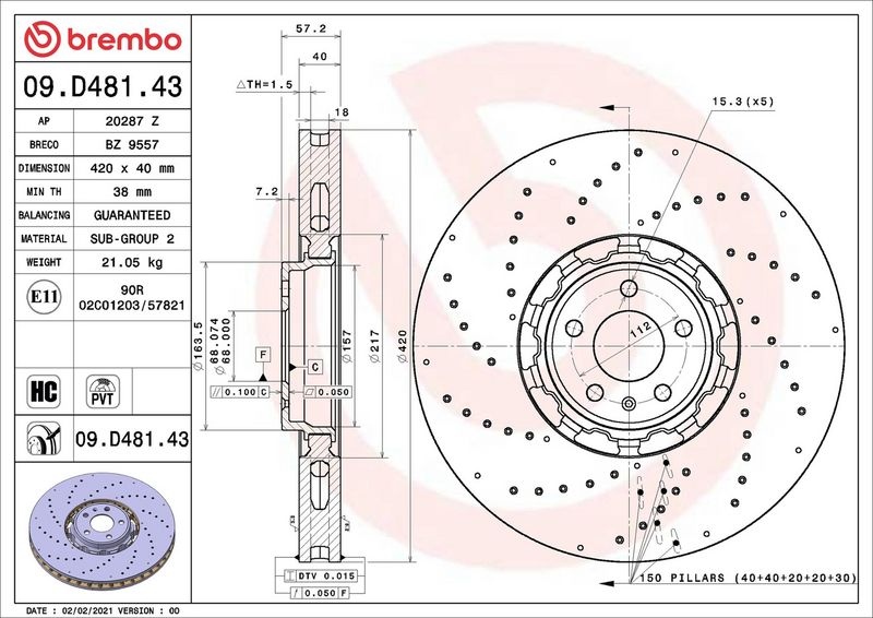 BREMBO Brake disc PRIME LINE - Dual Cast two-part brake disc 09.D481.43 Brake rotor,Brake discs AUDI,A6 Avant (4A5, C8),A7 Sportback (4KA)