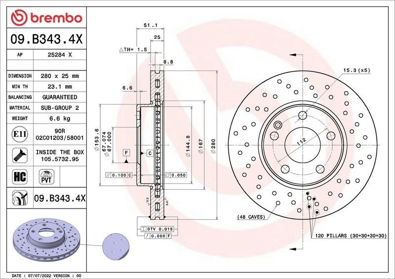 BREMBO Brake disc XTRA LINE - Xtra perforated/vented 09.B343.4X Brake rotor,Brake discs MERCEDES-BENZ,A-Klasse (W176),B-Klasse (W246, W242)