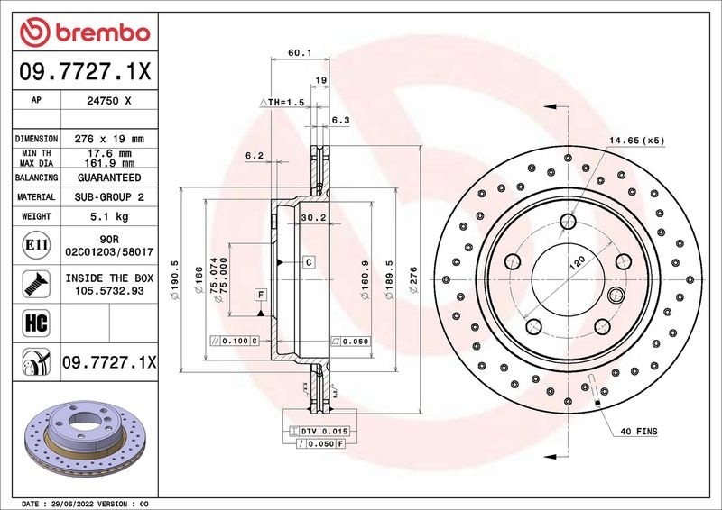 BREMBO Brake disc BMW 09.7727.1X 34211162315,34211164403,34211165211 Brake rotor,Brake discs,Brake rotors 34216855155,34216864903,34211162315