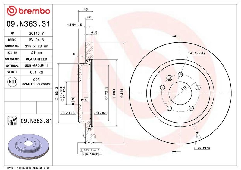 BREMBO Brake disc PRIME LINE - UV Coated internally vented 09.N363.31 Brake rotor,Brake discs OPEL,BUICK (SGM),VAUXHALL,INSIGNIA Caravan,INSIGNIA CC