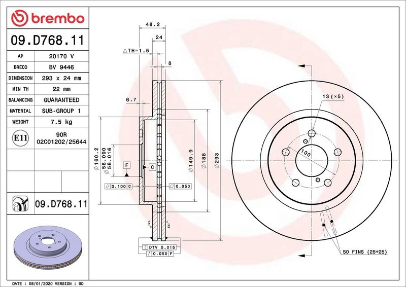 BREMBO Brake disc PRIME LINE - UV Coated internally vented 09.D768.11 Brake rotor,Brake discs SUBARU,XV (GT),IMPREZA Schrägheck (GT_)