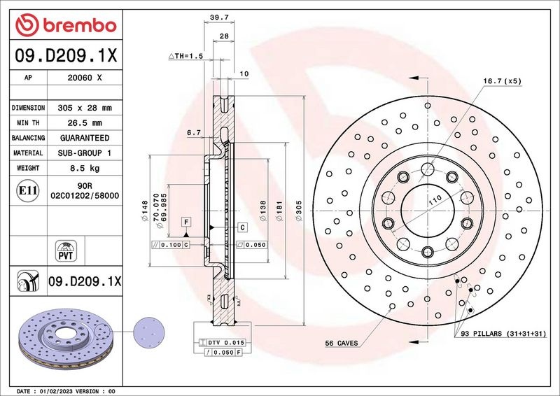 BREMBO Brake disc FIAT,JEEP,ALFA ROMEO 09.D209.1X 51937304,51937304,51937304 Brake rotor,Brake discs,Brake rotors 51963548,52056675,K68249840AA