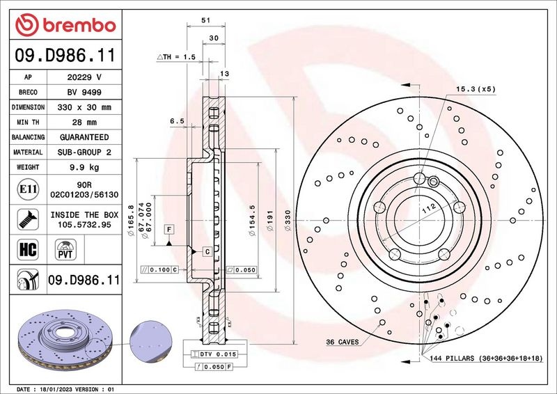 BREMBO Brake disc PRIME LINE - UV Coated perforated/vented 09.D986.11 Brake rotor,Brake discs MERCEDES-BENZ,A-Klasse (W177),B-Klasse (W247)