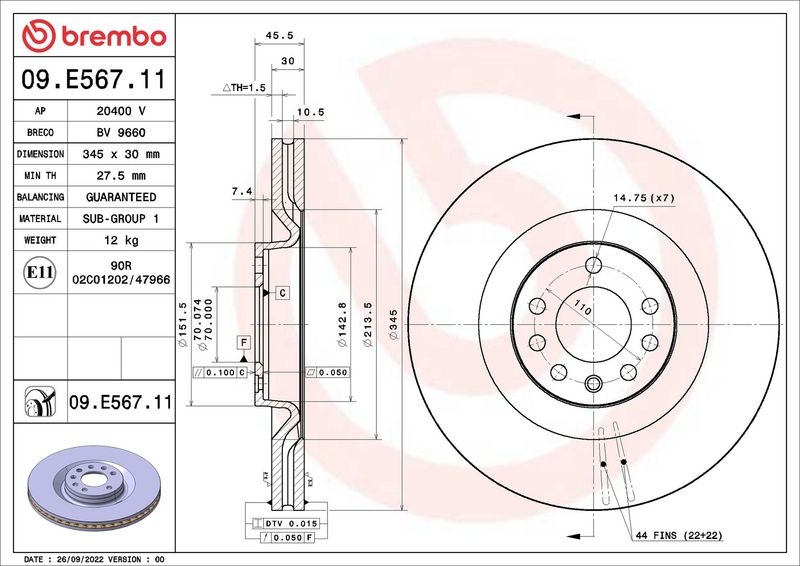 BREMBO Brake disc PRIME LINE - UV Coated internally vented 09.E567.11 Brake rotor,Brake discs OPEL,SAAB,CADILLAC,Vectra C Caravan (Z02)