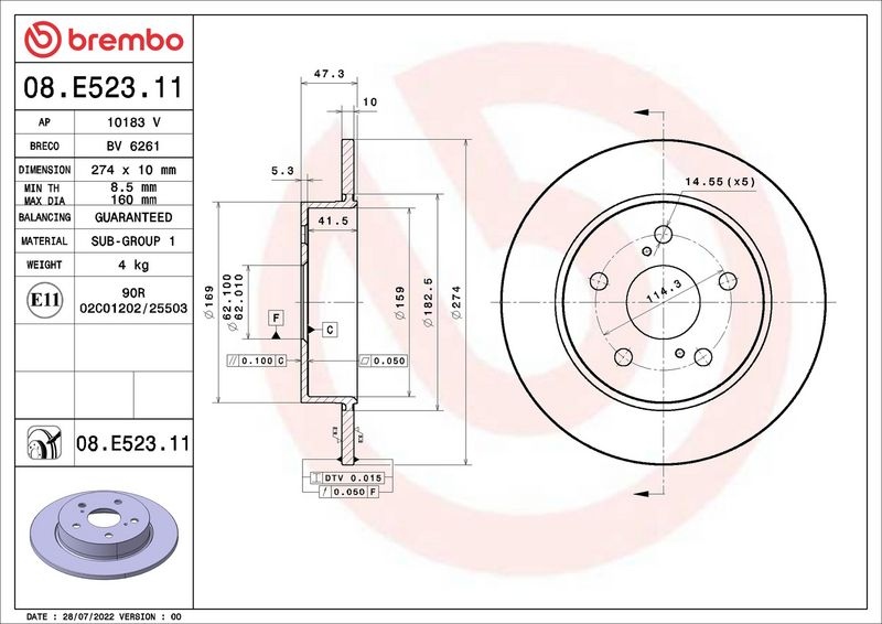BREMBO Brake disc PRIME LINE - UV Coated solid 08.E523.11 Brake rotor,Brake discs TOYOTA,SUZUKI,Corolla XII Kombi (E210),Corolla XII Schrägheck (E210)