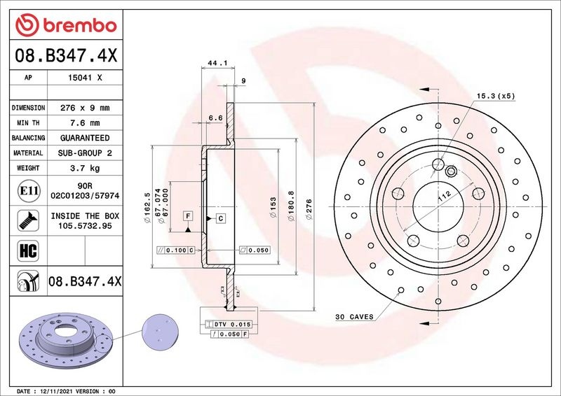 BREMBO Brake disc XTRA LINE - Xtra Perforated 08.B347.4X Brake rotor,Brake discs MERCEDES-BENZ,A-Klasse (W176),B-Klasse (W246, W242),CLA Coupe (C117)