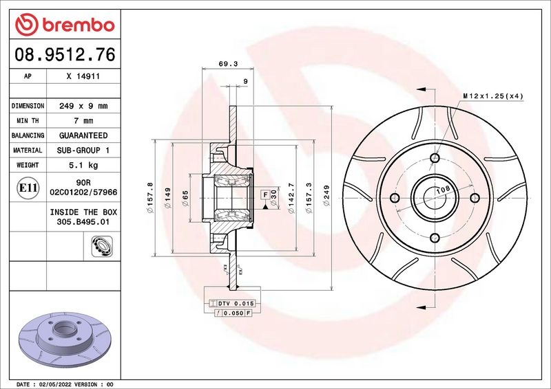 BREMBO Brake disc OPEL,PEUGEOT,CITROËN 08.9512.76 1619237980,424919,424932 Brake rotor,Brake discs,Brake rotors E169512,1613500780,424919,424932