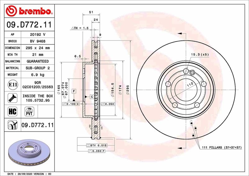 BREMBO Brake disc PRIME LINE - UV Coated internally vented 09.D772.11 Brake rotor,Brake discs MERCEDES-BENZ,A-Klasse (W177),B-Klasse (W247)