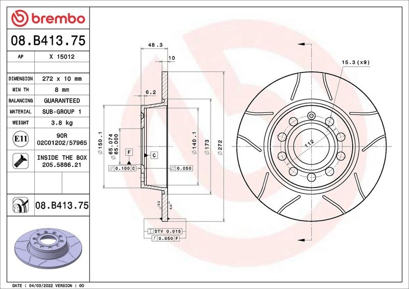 BREMBO Brake disc VW,AUDI,SKODA 08.B413.75 1K0615601AA,5Q0615601D,5Q0615601D Brake rotor,Brake discs,Brake rotors L5QD615601A,5Q0615601D,L5QD615601A