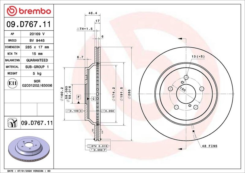 BREMBO Brake disc PRIME LINE - UV Coated internally vented 09.D767.11 Brake rotor,Brake discs SUBARU,XV (GT),Forester V (SK),IMPREZA Schrägheck (GT_)